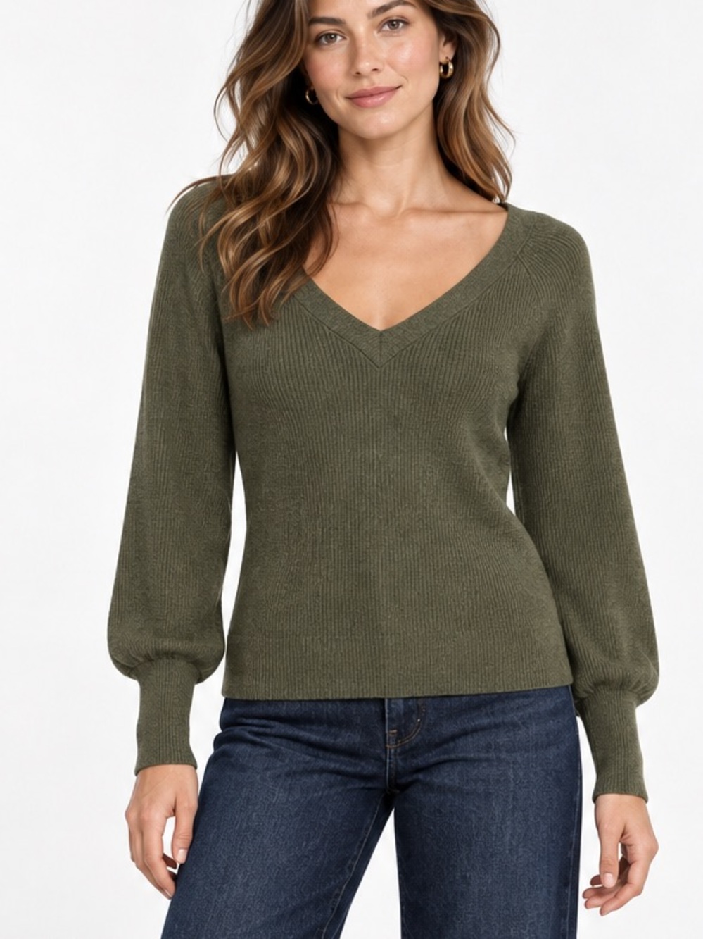 GAP Olive Green Merino Wool Blend Ribbed V-Neck Sweater – Small Like New